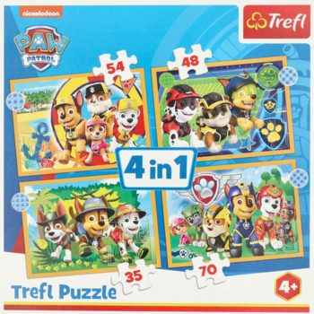 Trefl Puzzle Wakacyjny Psi Patrol 4 w 1, niebieskie pudełko z czterema scenami i liczbami: 54, 48, 35, 70.