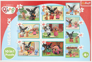 Front pudełka z zestawem puzzli Bing Mega Pack 10w1 dla dzieci 4+, z różnymi scenkami z kreskówki.