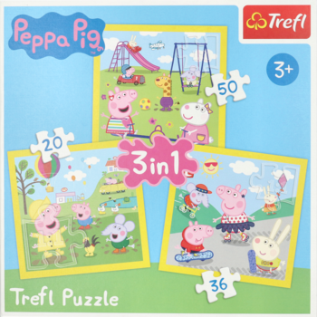 Zestaw 3w1 puzzli Trefl Peppa Pig w niebieskim pudełku: trzy obrazki z różną liczbą elementów (20, 36, 50).