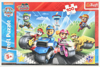 Puzzle Psi Patrol na motorach Trefl 100 elementów, barwne pudełko z bohaterami, widok z przodu.