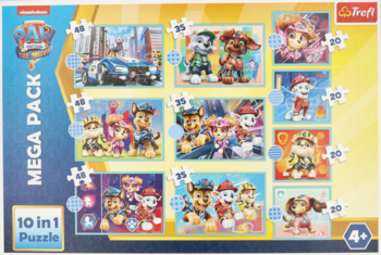 Zestaw 10 puzzli Trefl Psi Patrol Mega Pack, przód opakowania z 10 różnymi obrazkami bohaterów bajki.