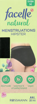 Opakowanie czarnych majtek menstruacyjnych Facelle Natural Hipster, rozmiar M, widok z przodu, na modelce.
