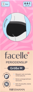 Opakowanie Facelle Periodenslip Hipster M, czarne majtki z bio-bawełny, chłonność 25ml, ilustracja tyłu majtek na opakowaniu.