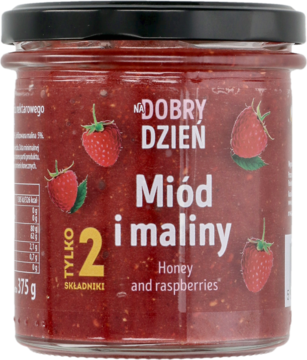 Szklany słoik miodu i malin Na Dobry Dzień, czerwony kolor, z przodu napis "Miód i maliny".