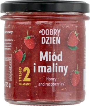 Szklany słoik miodu i malin Na Dobry Dzień, czerwony kolor, z przodu napis "Miód i maliny".