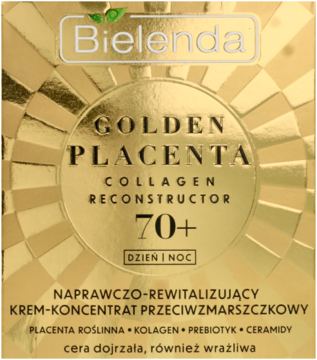 Złote opakowanie Bielenda Golden Placenta 70+ Collagen Reconstructor, z białym okrągłym logo, widok z przodu.