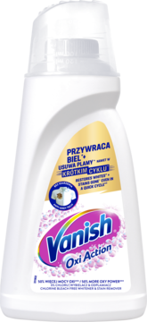 Biały płyn Vanish Oxi Action w butelce, odplamiacz do białych tkanin, różowo-złota etykieta, widok z przodu.