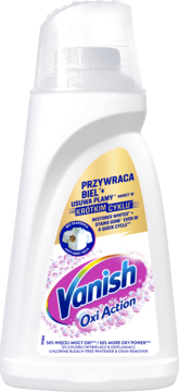 Biały płyn Vanish Oxi Action w butelce, odplamiacz do białych tkanin, różowo-złota etykieta, widok z przodu.