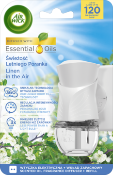 AIR WICK Essential Oils ,elektryczny odświeżacz powietrza i wkład, Świeżość Letniego Poranka,przód