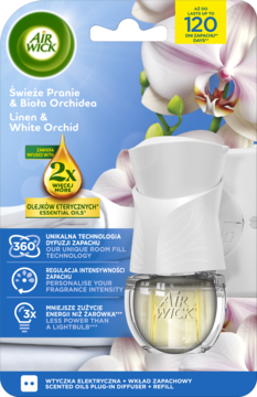 Air Wick wtyczka elektryczna z wkładem Linen & White Orchid, biały dyfuzor na tle niebieskiego opakowania z orchideą.