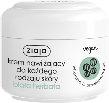 Ziaja krem nawilżający biała herbata w białym słoiczku, widok lekko z góry. Wegański, do każdej skóry.