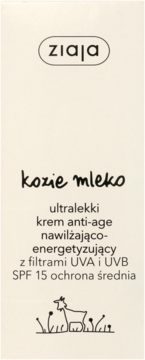 Biała etykieta kremu Ziaja Kozie Mleko anti-age nawilżającego z SPF 15 i grafiką koziołka, widok z przodu.