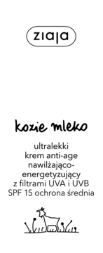 Ziaja Kozie Mleko ultralekki krem anti-age SPF 15. Tekstowy opis produktu na białym tle z ilustracją kozy.