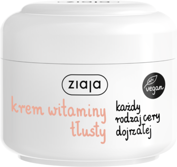 Biały słoiczek kremu Ziaja witaminy tłusty, do cery dojrzałej, z wegańskim logo, widok z przodu.