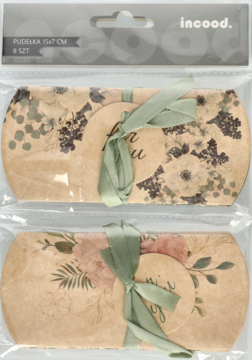 Pudełka prezentowe Incood 15x7cm, 8 szt., beżowe w delikatne kwiaty, przewiązane zieloną wstążką.