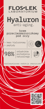 Floslek Hyaluron anti-aging krem pod oczy, beżowa etykieta z kwasem hialuronowym na czerwonym tle.