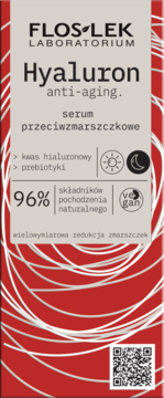 FLOS LEK Hyaluron serum anti-aging, czerwone opakowanie z białymi falami, widok z przodu, z kwasem hialuronowym.