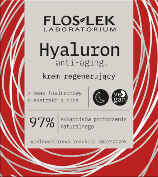 Wegański krem Floslek Hyaluron anti-aging na zmarszczki, beżowo-czerwone opakowanie z kwasem hialuronowym.