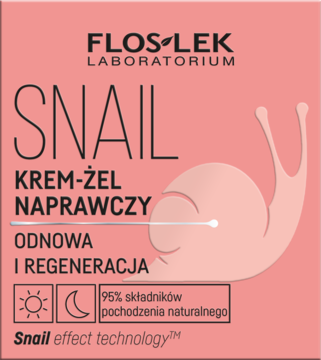 Różowy, kwadratowy krem-żel Floslek Snail do regeneracji, z grafiką ślimaka i 95% naturalnych składników.