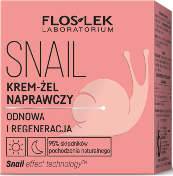 FLOS LEK Snail Krem-Żel Naprawczy 95% naturalnych składników, różowe pudełko z grafiką ślimaka, przód.