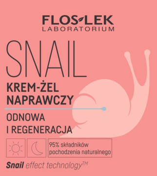 Różowa etykieta kremu FLOS LEK Snail Krem-Żel Naprawczy, z białym tekstem i grafiką ślimaka.