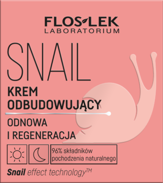 FlosLek Snail krem odbudowujący w różowym opakowaniu z grafiką ślimaka, widok z przodu, 96% naturalny.
