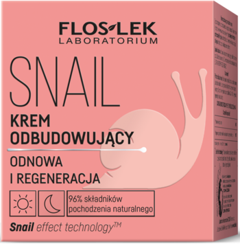 Flos-Lek Snail Krem Odbudowujący, różowe pudełko z grafiką ślimaka, widok z przodu. 96% składników naturalnych.