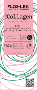 Flos-Lek Fito Collagen krem przeciwzmarszczkowy pod oczy i usta, różowo-białe opakowanie z zielonym wzorem.