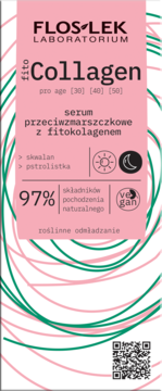 Flos-Lek Fito Collagen serum przeciwzmarszczkowe z fitokolagenem, biała butelka, różowa etykieta, widok z przodu.