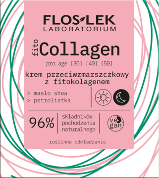 Floslek Fito Collagen krem przeciwzmarszczkowy z masłem shea i pstrolistką, widok przodu różowego opakowania.