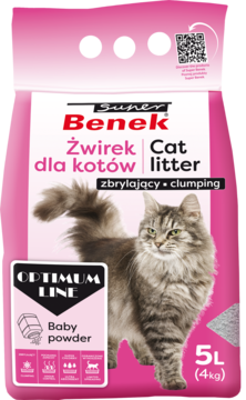 Różowa torba żwirku dla kotów Super Benek Optimum Line zbrylający, zapach Baby powder, 5L, z kotem na froncie.