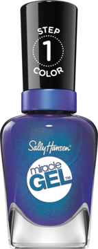 Sally Hansen Miracle Gel™ 573 Hyp-nautical: perłowy lakier w butelce granatowej, widok z przodu, 'STEP 1 COLOR'.