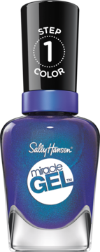 Sally Hansen Miracle Gel™ 573 Hyp-nautical: perłowy lakier w butelce granatowej, widok z przodu, 'STEP 1 COLOR'.