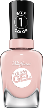 Jasnoróżowy lakier Sally Hansen Miracle Gel, butelka z czarną nakrętką "STEP 1 COLOR", widok z przodu.