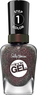 Butelka lakieru Sally Hansen Miracle Gel 840 Hue There?, brokatowy ciemny odcień, z napisem "STEP 1 COLOR".