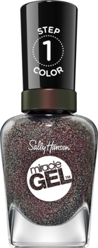 Butelka lakieru Sally Hansen Miracle Gel 840 Hue There?, brokatowy ciemny odcień, z napisem "STEP 1 COLOR".