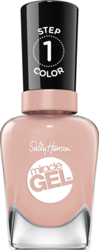 Lakier Sally Hansen Miracle Gel 363 Peaches & Dream, jasnoróżowy, butelka z czarną nakrętką, widok z przodu.