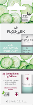 Floslek Żel do powiek i pod oczy z ogórkiem, w białej tubce z zielonymi akcentami, widok z przodu, na tle ogórków.