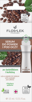 Floslek Lid & Under Eye Serum z kofeiną, biała butelka z chłodzącym aplikatorem, widok przód.