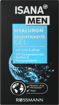 Czarne pudełko ISANA MEN HYALURON Feuchtigkeits Gel. Niebieski panel, białe napisy, widok z przodu.