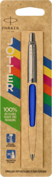 Parker Jotter długopis w 100% recyklingowym opakowaniu kartonowym, srebrny z niebieskim wkładem, widok z przodu.