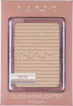 Wkład NAM Glass Highlighter w brzoskwiniowym opakowaniu, jasnobeżowy z poziomymi rowkami, NEW FORMULA.