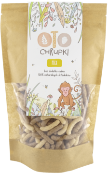 Oto Chrupki MIX, naturalne chrupiące pałeczki bez cukru, w brązowej torebce z małpką, widok z przodu.