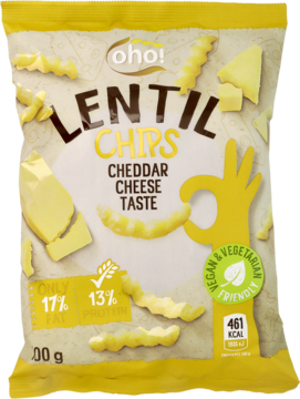 Opakowanie chipsów oho! z soczewicy o smaku sera cheddar, widok z przodu, z informacjami o niskiej zawartości tłuszczu.