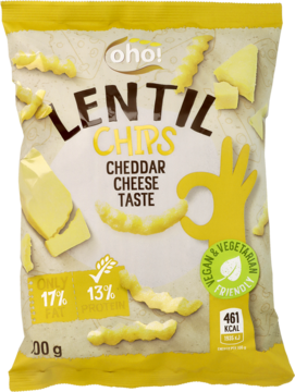 Opakowanie chipsów oho! z soczewicy o smaku sera cheddar, widok z przodu, z informacjami o niskiej zawartości tłuszczu.