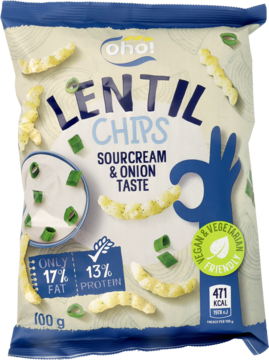 Niebiesko-białe opakowanie Oho! Lentil Chips Sourcream & Onion, z chrupkami i dipem. Widok z przodu.