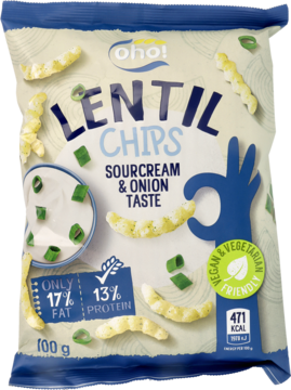 Niebiesko-białe opakowanie Oho! Lentil Chips Sourcream & Onion, z chrupkami i dipem. Widok z przodu.