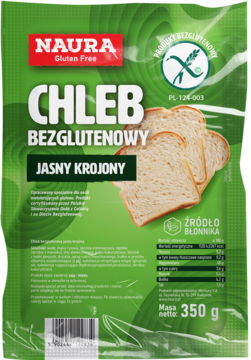Zielona paczka Naura Chleb Bezglutenowy Jasny Krojony 350g, widok z przodu, z oknem pokazującym kromki.