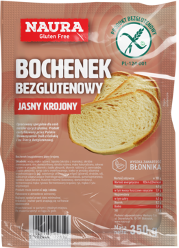 Chleb Naura bezglutenowy jasny krojony, w przezroczystym opakowaniu z widocznymi dwoma plastrami.