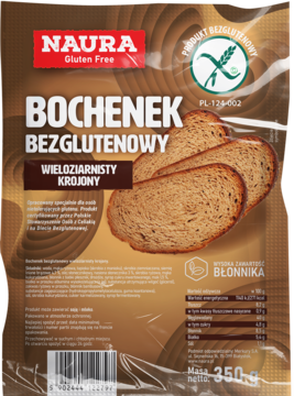 Naura chleb bezglutenowy wieloziarnisty, krojony, w brązowym opakowaniu z okienkiem, widok z przodu.